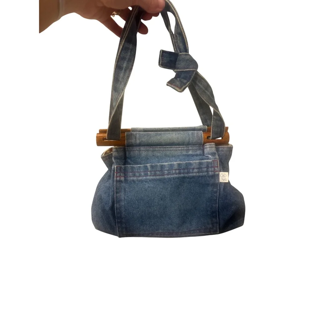 The Mouse Housery Vintage Denim Handbag Wood Handle Quilted Angel Lining Blue